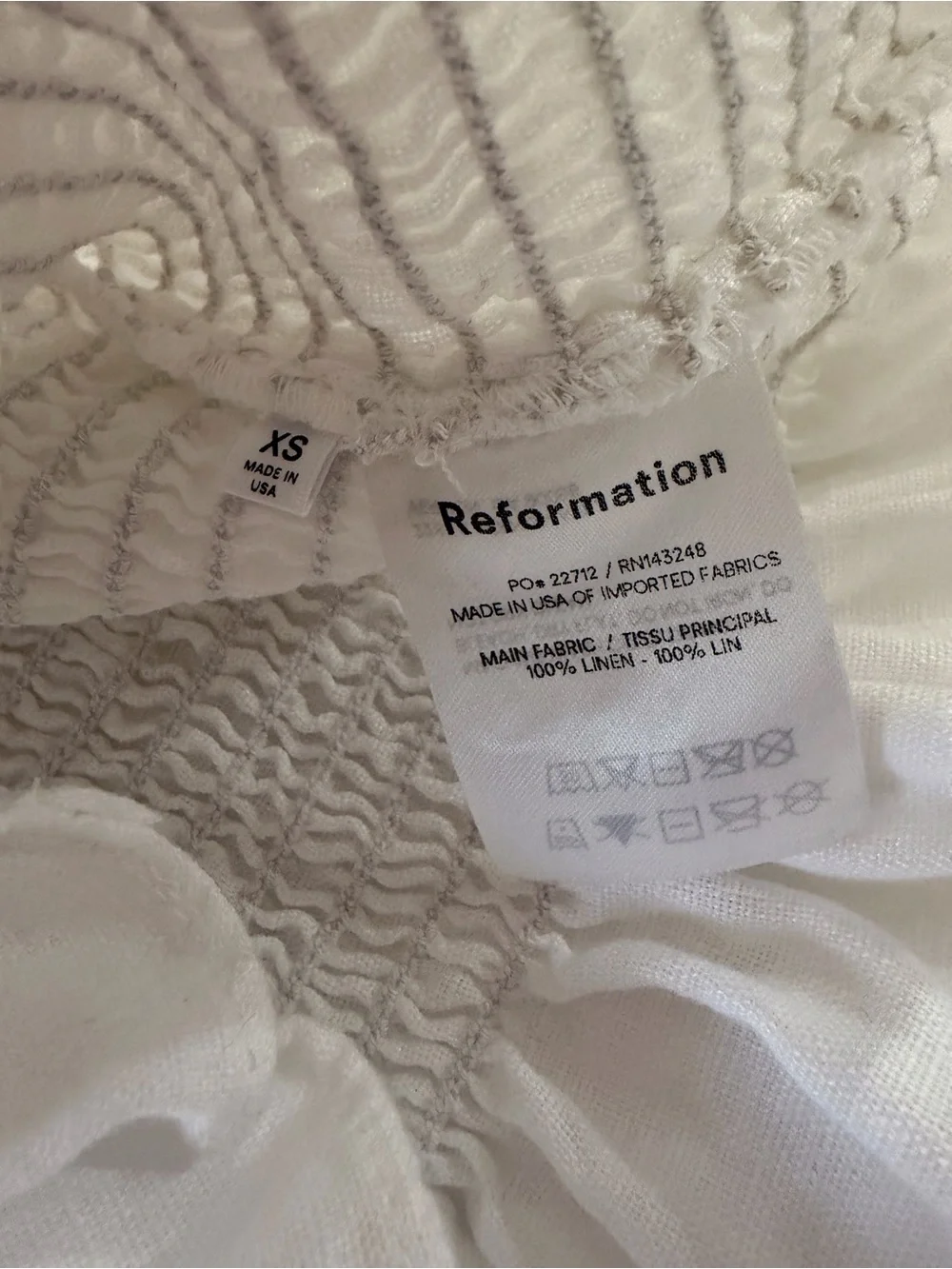 Reformation Women's XS White Linen Smocked Puff Sleeve Crop Top NWOT Coquette